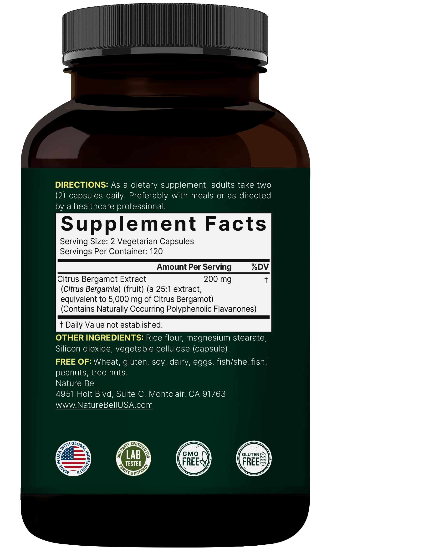 NatureBell Citrus Bergamot capsules being poured for a convenient daily dose.