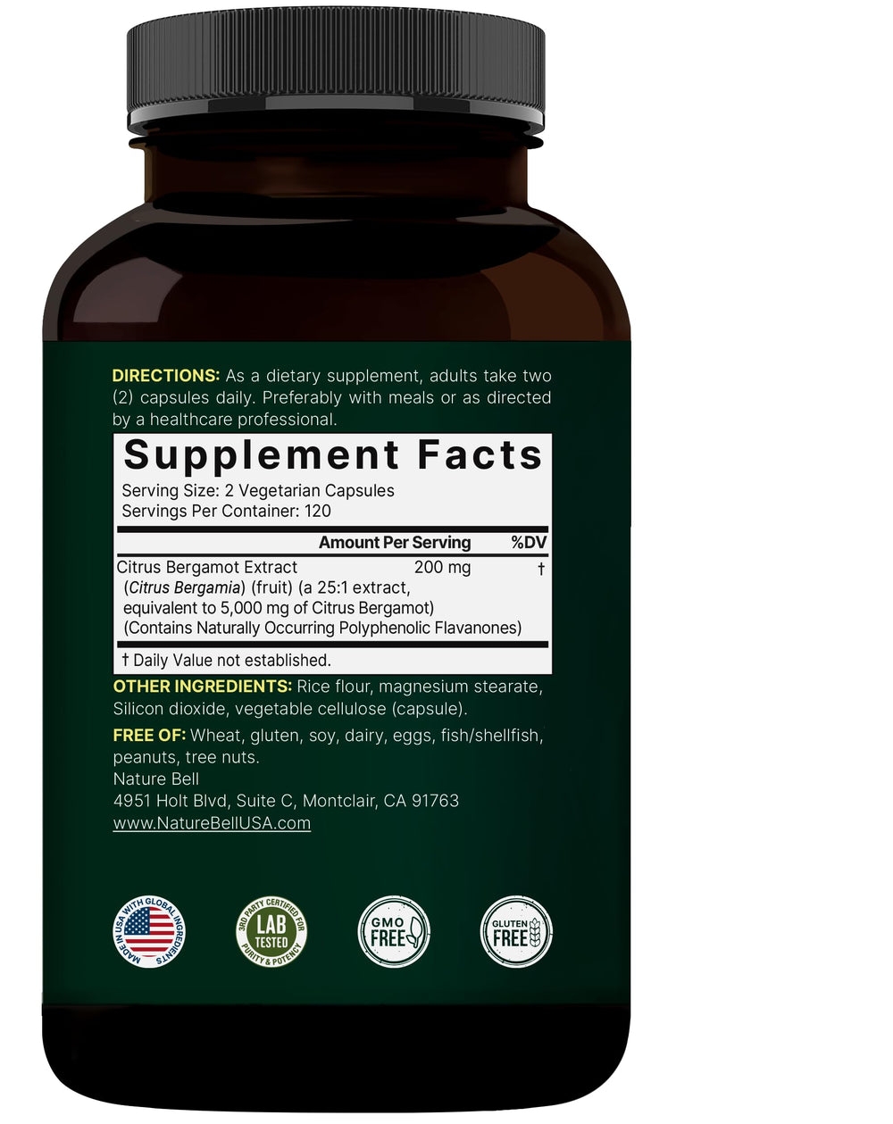 NatureBell Citrus Bergamot capsules being poured for a convenient daily dose.