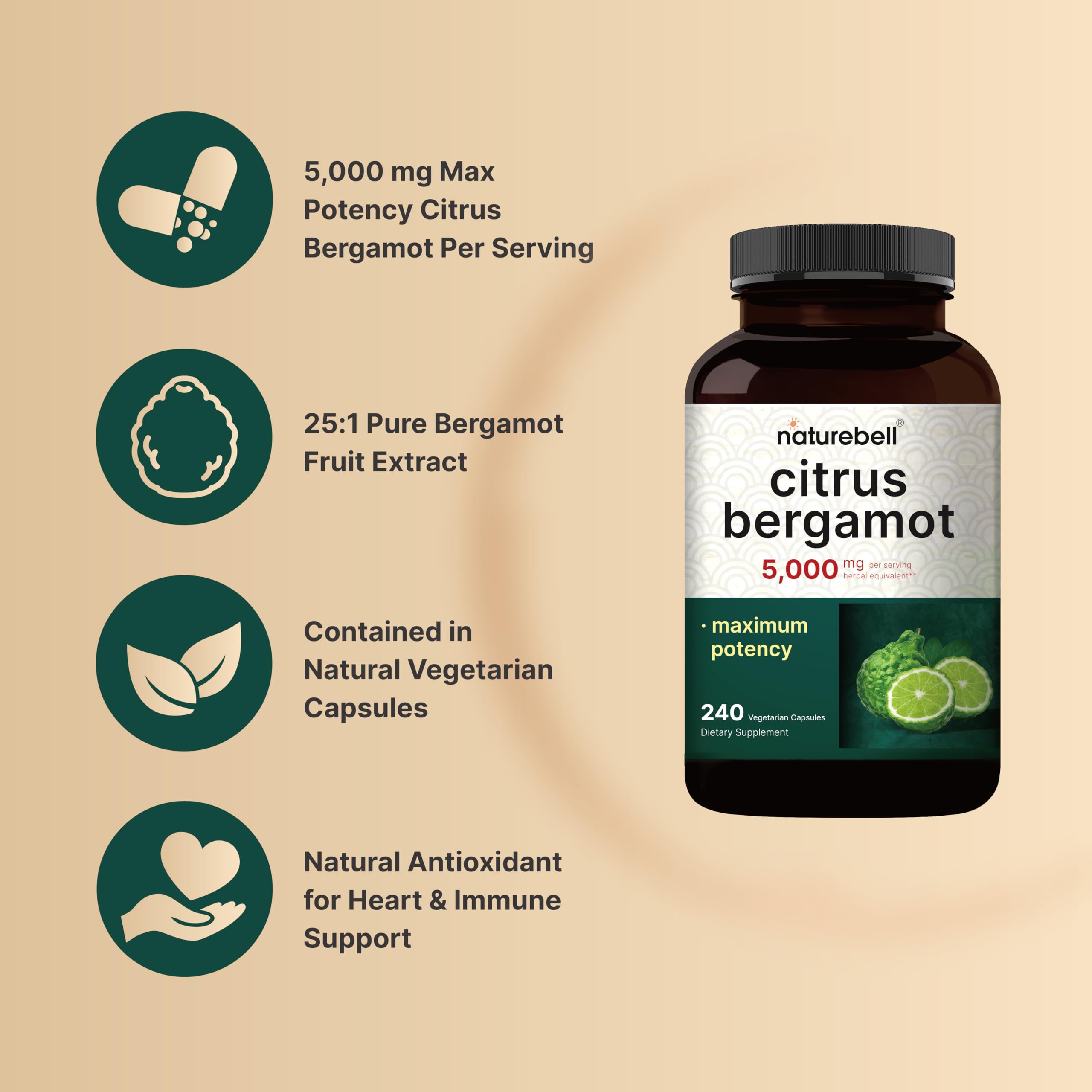 NatureBell Citrus Bergamot ingredients label detail showing 5,000 mg per serving and potency.