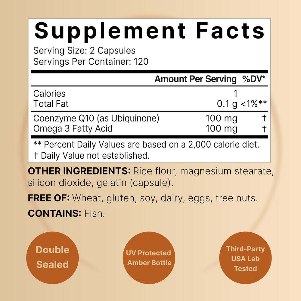 NatureBell CoQ10 Omega-3 capsules close-up highlighting easy-to-swallow soft capsules.