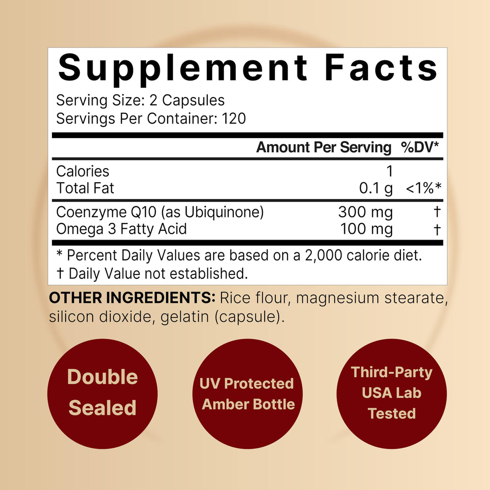 NatureBell CoQ10 Omega-3 capsules closeup highlighting easy daily use.