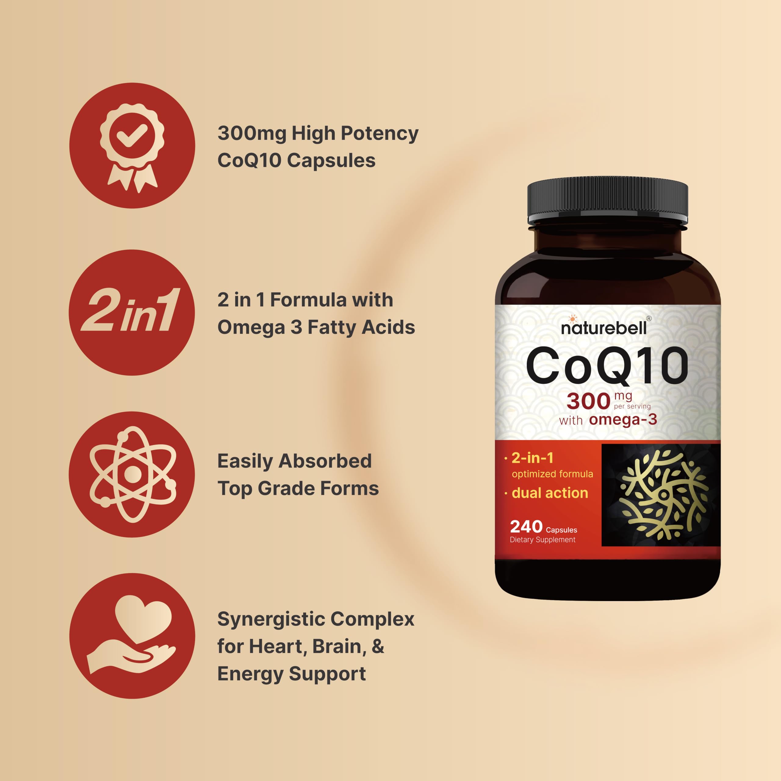 NatureBell CoQ10 with Omega-3 ingredient label emphasizing purity.