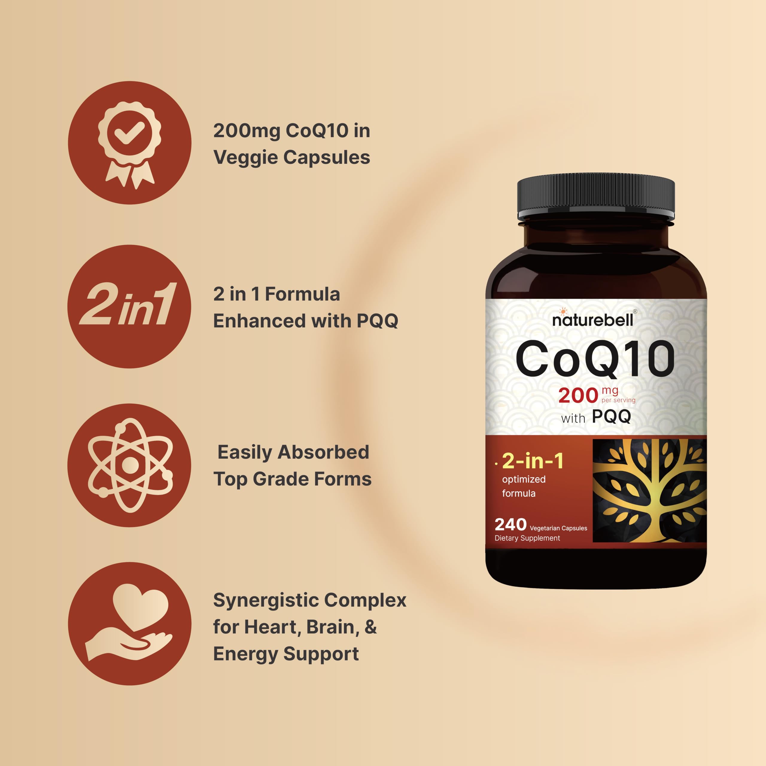 NatureBell CoQ10 with PQQ label detailing 200 mg CoQ10 and 200 mcg PQQ.