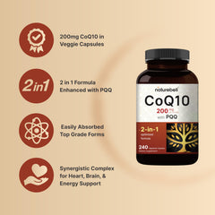 NatureBell CoQ10 with PQQ label detailing 200 mg CoQ10 and 200 mcg PQQ.