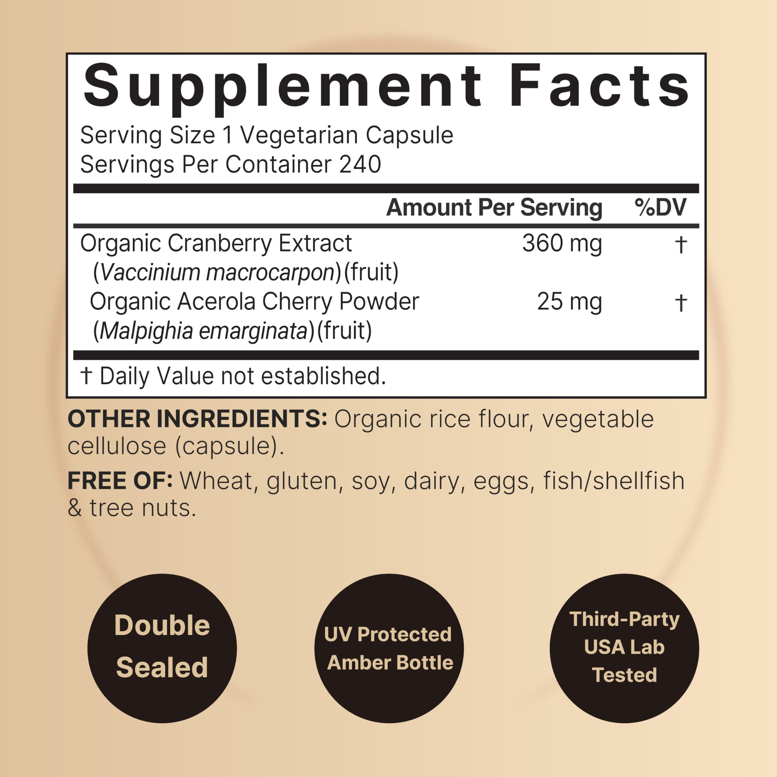 NatureBell Cranberry Pills label highlights organic ingredients and sugar-free formula