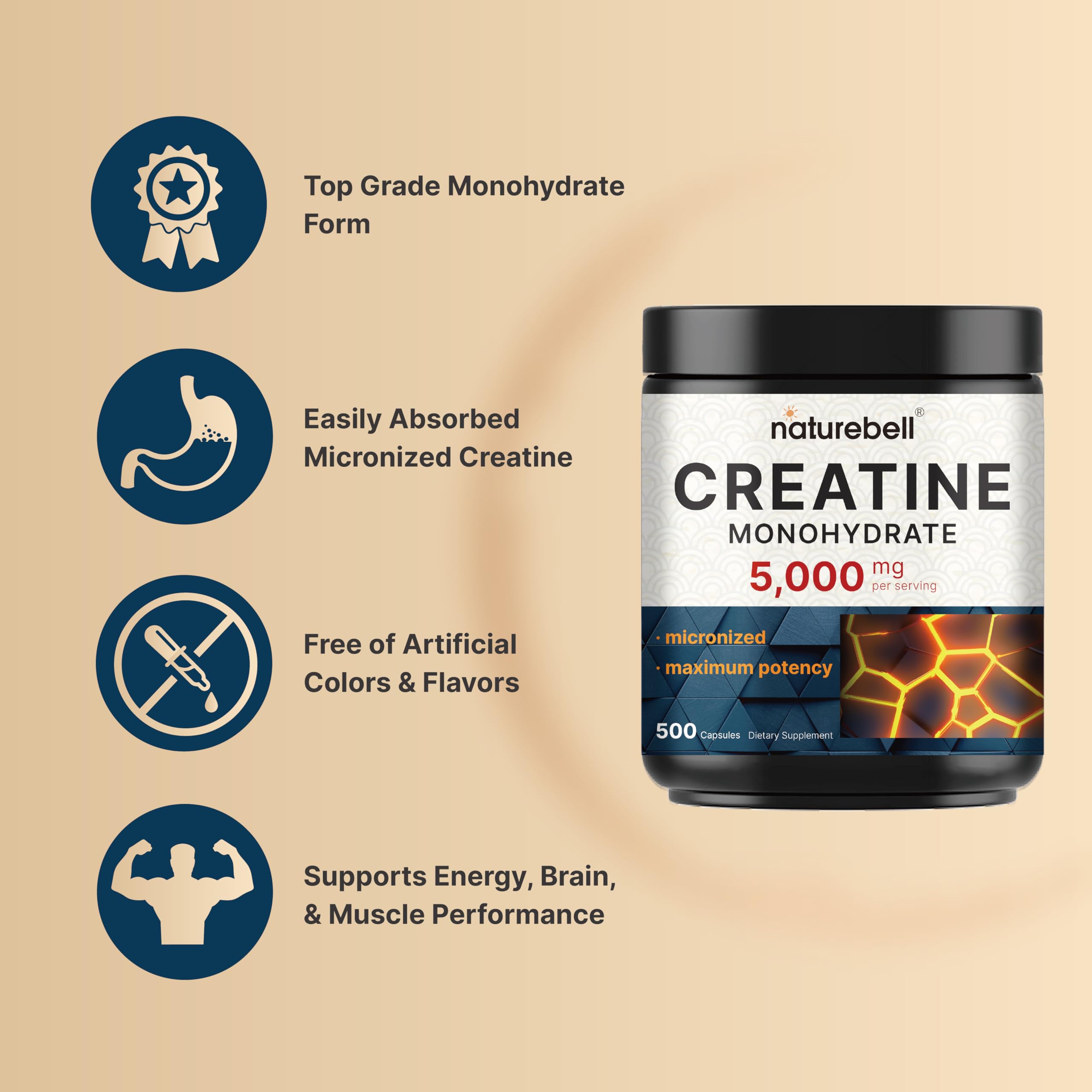 NatureBell Creatine Monohydrate capsules non-GMO and allergen-free formula
