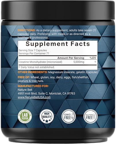 NatureBell Creatine Monohydrate capsules seven-capsule serving shows convenient dosing