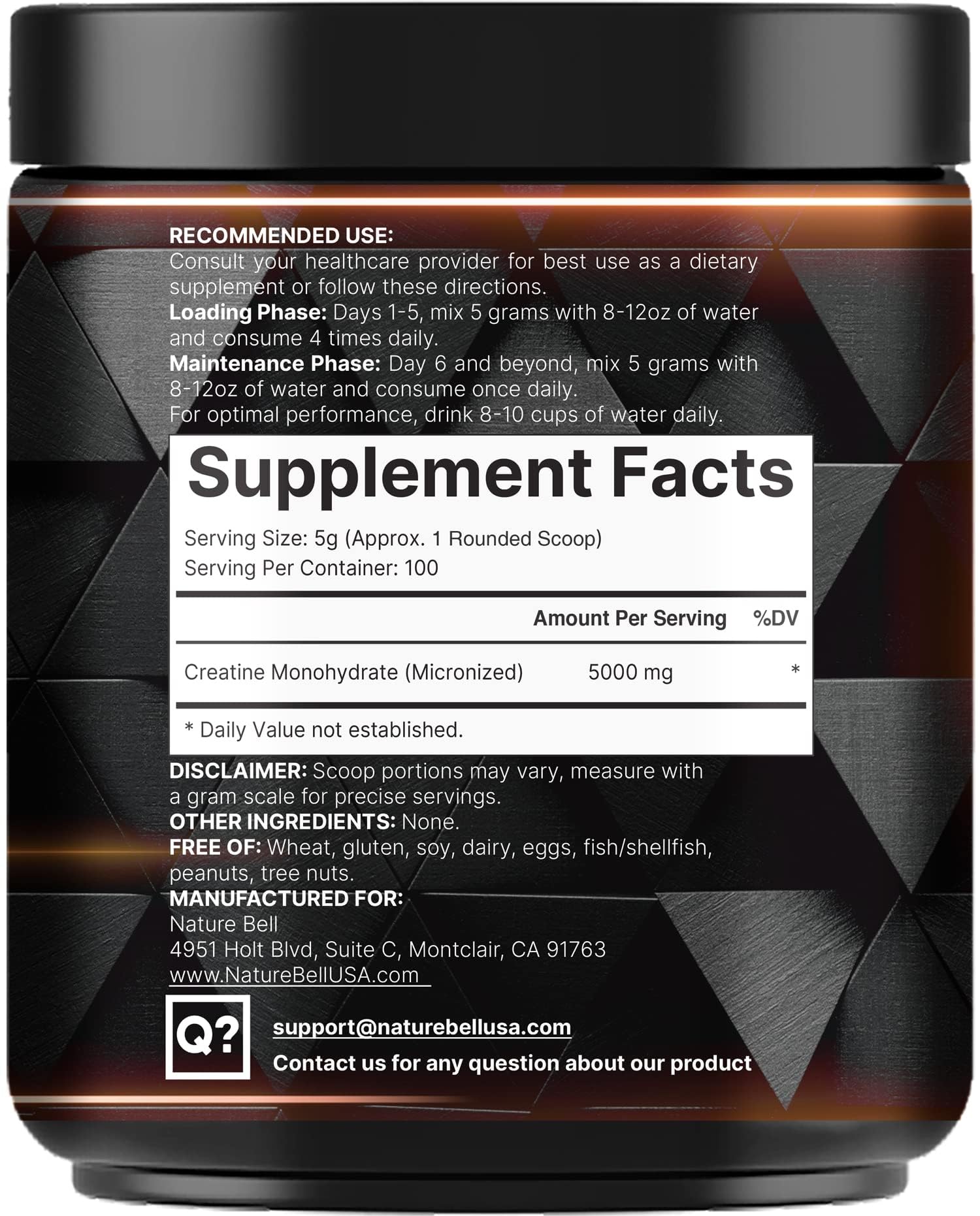 NatureBell creatine monohydrate label close-up highlighting 5000 mg per serving and servings.
