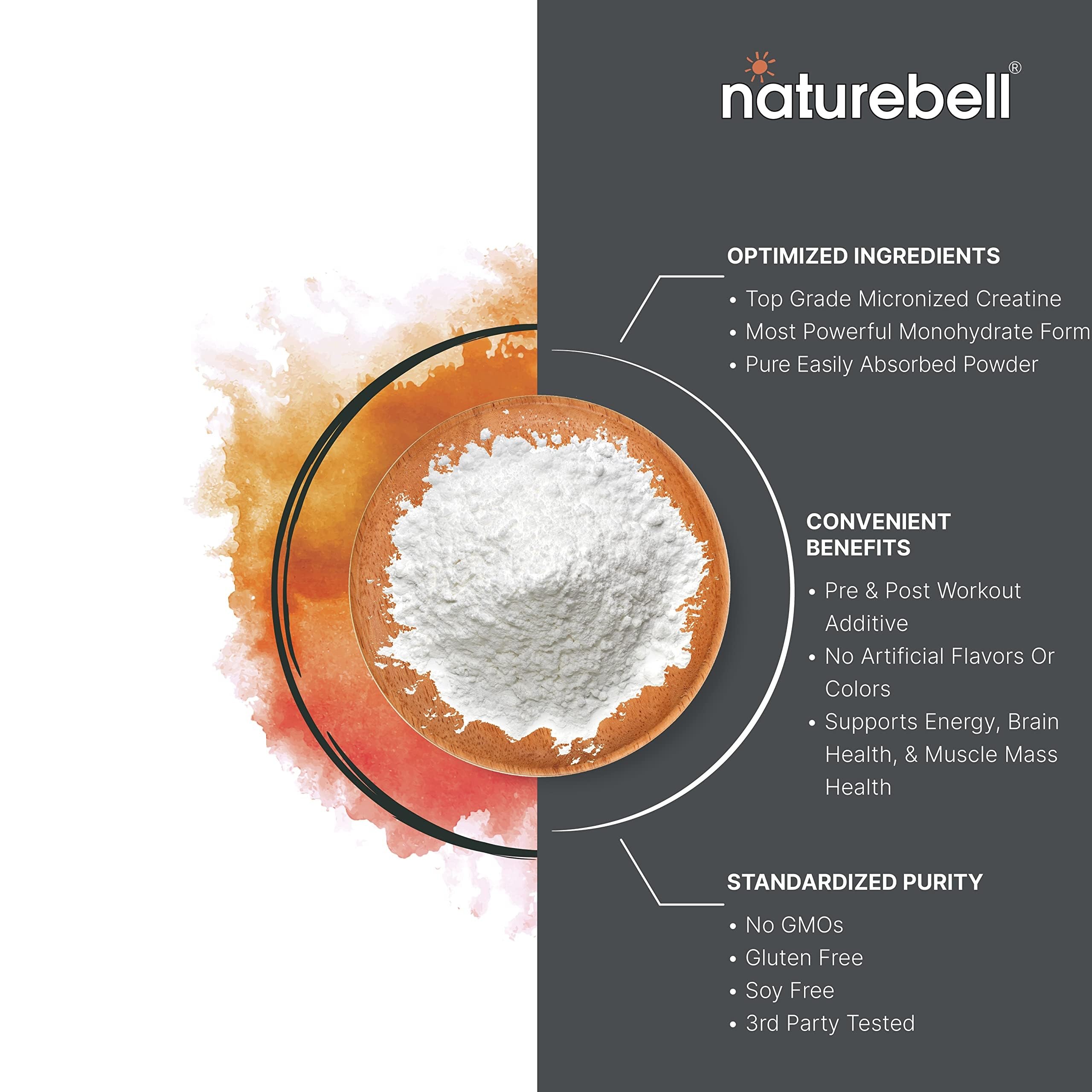 NatureBell creatine monohydrate mix and shaker bottle, suggesting pre-workout ritual.