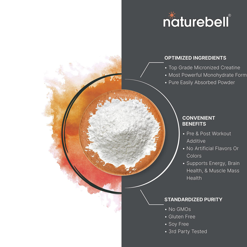 NatureBell creatine monohydrate mix and shaker bottle, suggesting pre-workout ritual.