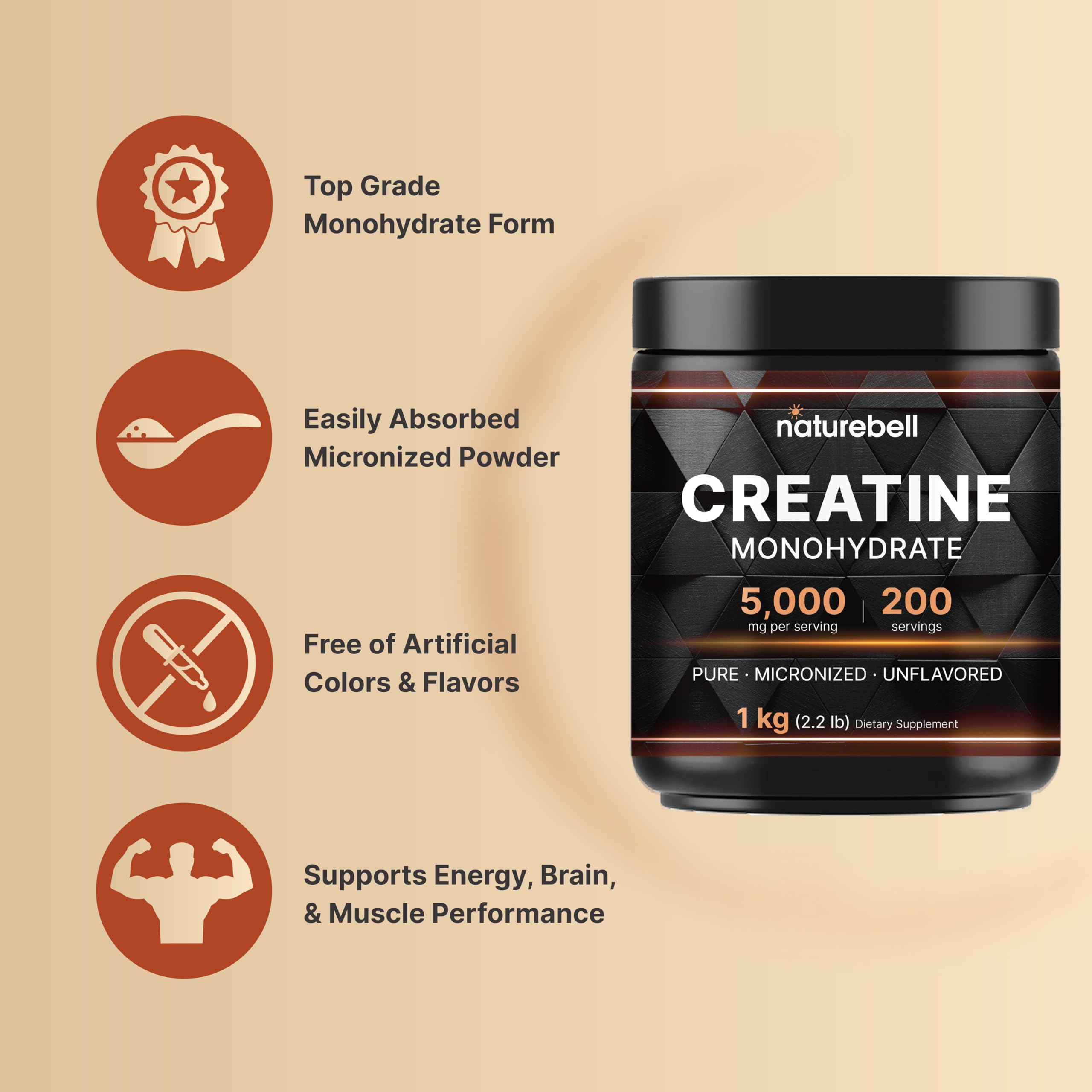 NatureBell Creatine Monohydrate bottle on a gym desk ready for use.