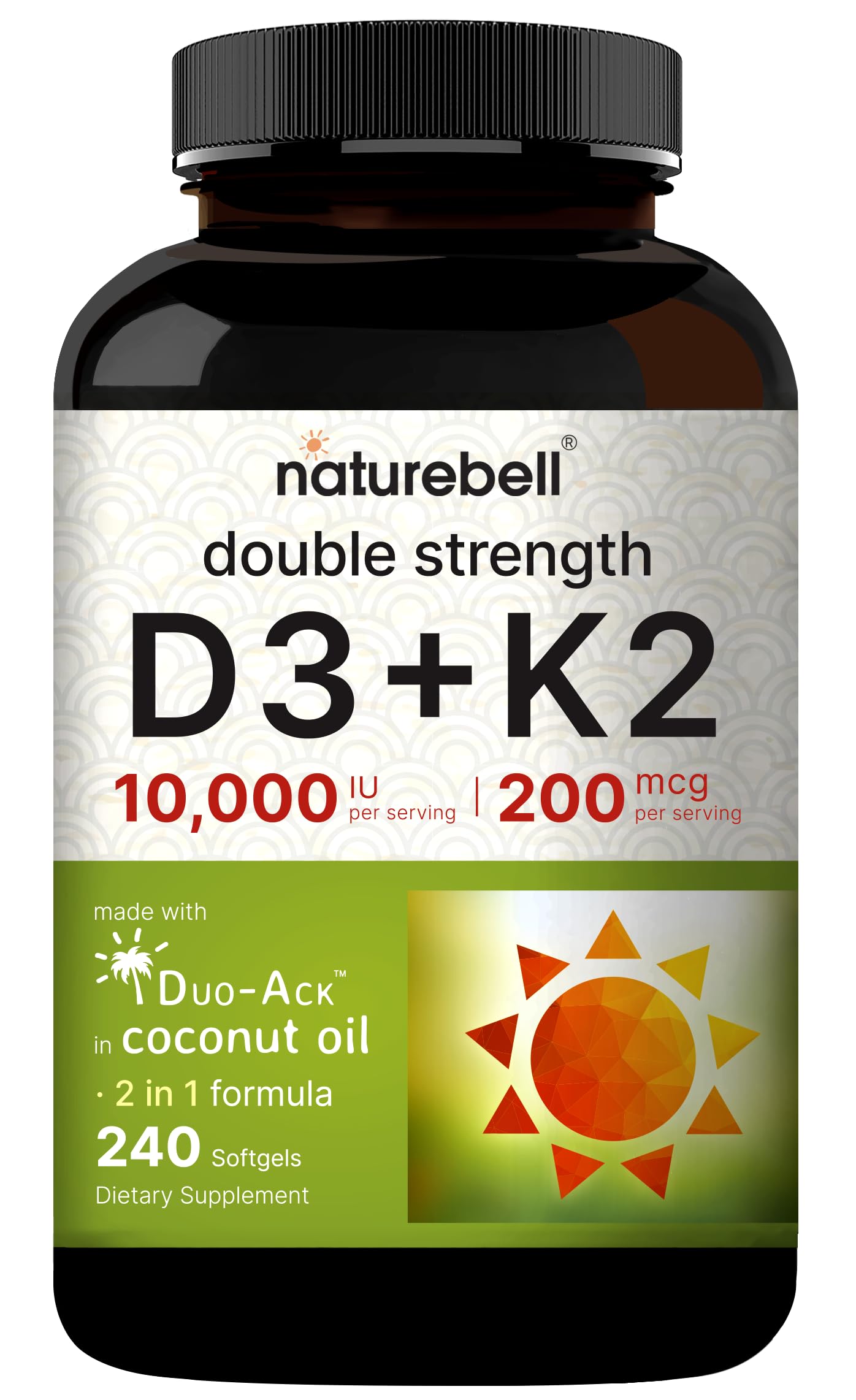 NatureBell D3K2 back-label image details non-GMO, allergen-free ingredients.