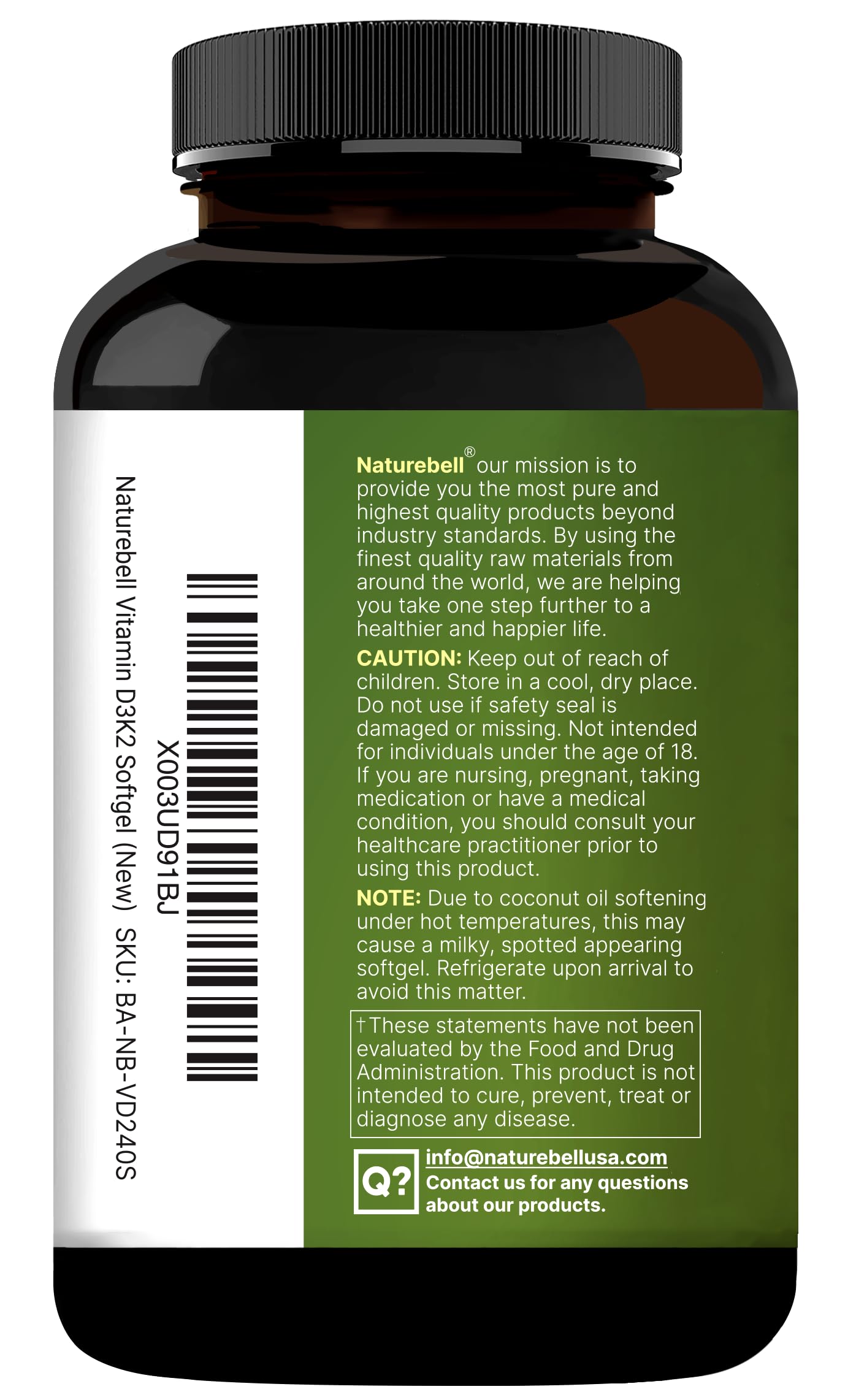 NatureBell D3K2 non-GMO seal highlights ingredient purity and safety.