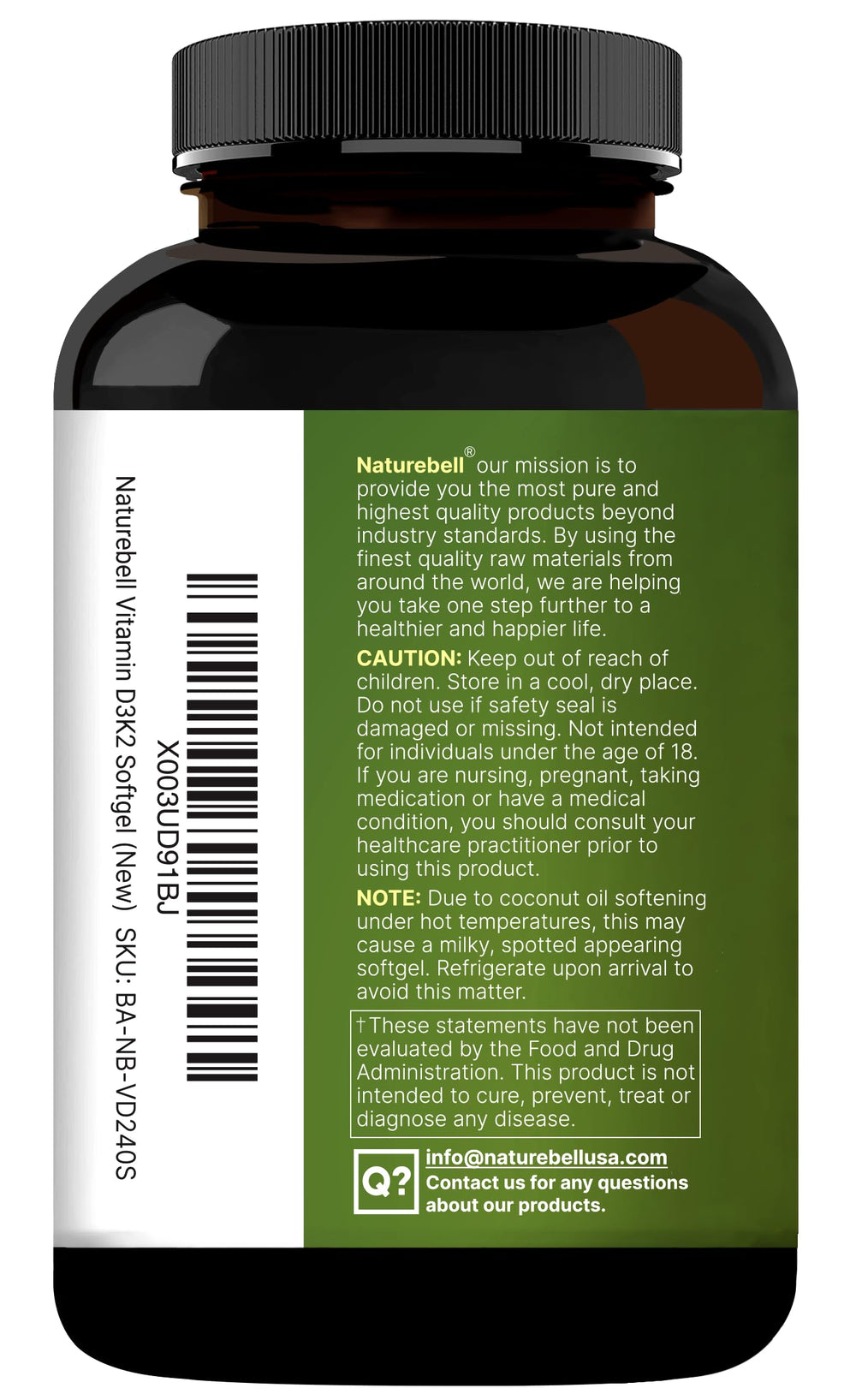 NatureBell D3K2 non-GMO seal highlights ingredient purity and safety.