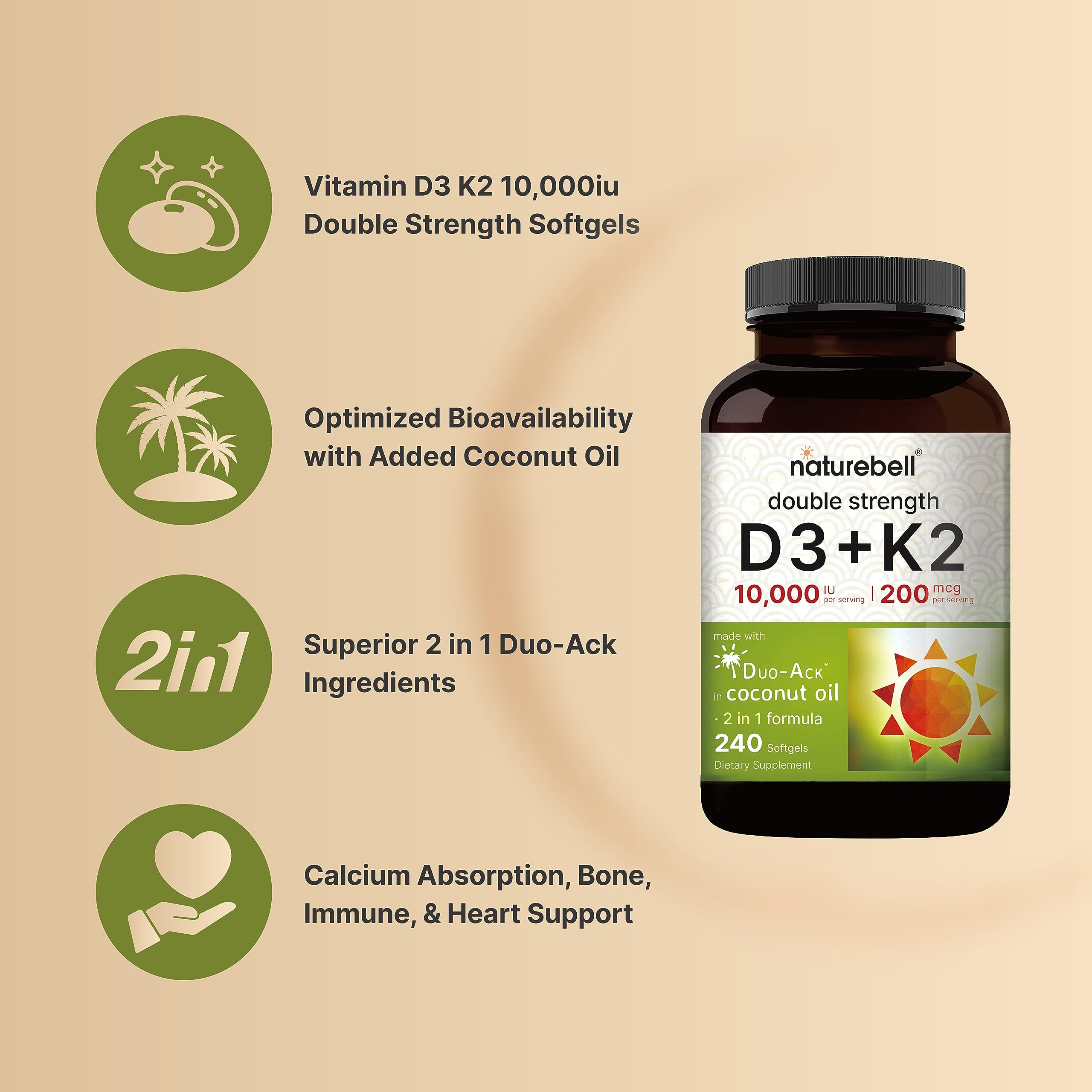 NatureBell D3K2 softgel closeup highlights vegan-friendly, non-GMO formula without common allergens.