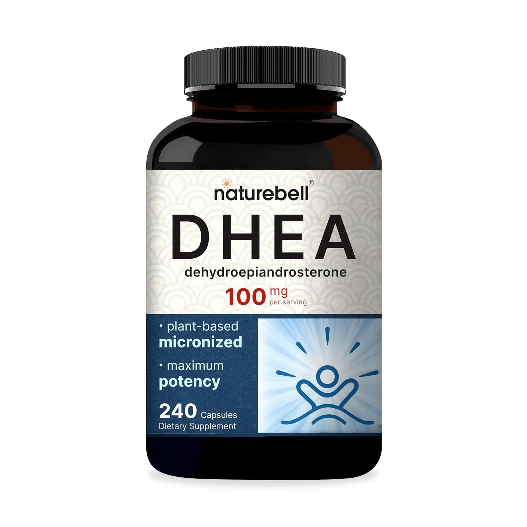 NatureBell DHEA 100mg bottle on countertop for daily energy and metabolism support.