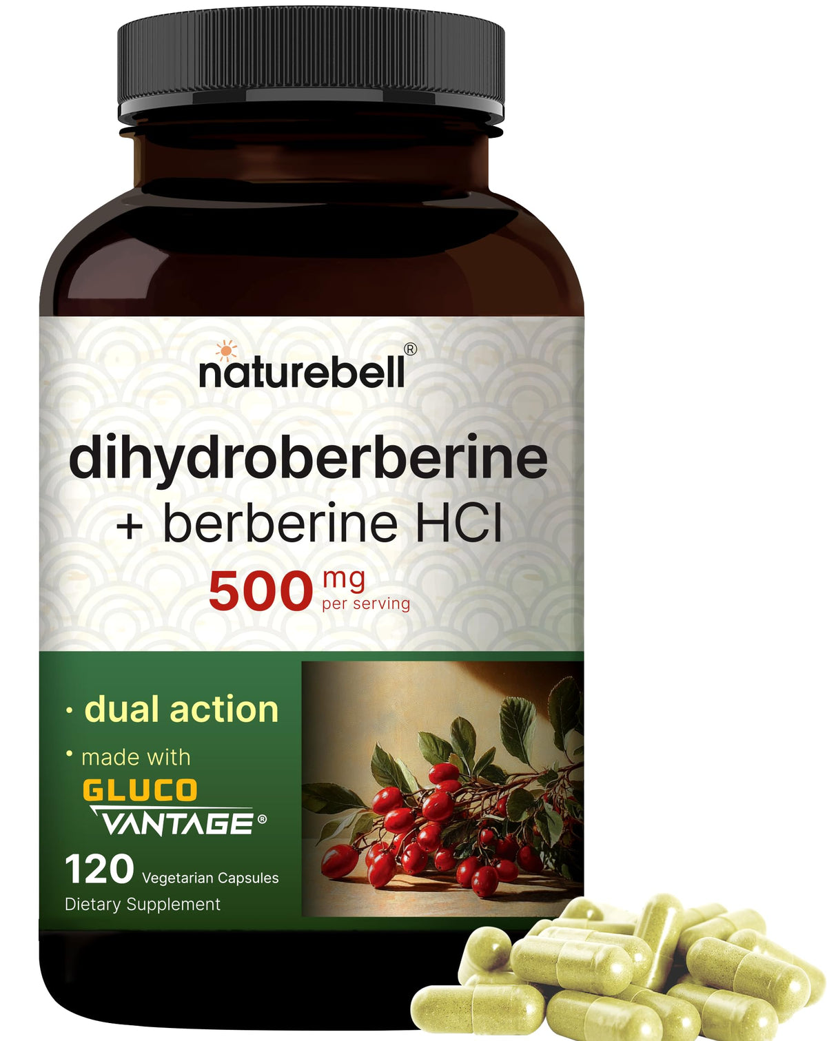 NatureBell Dihydroberberine bottle close-up highlights capsule design and branding for trust