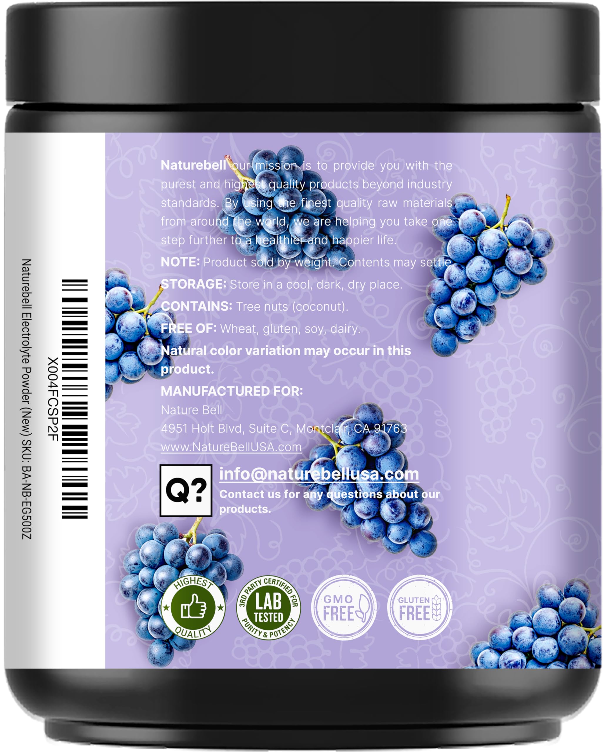 NatureBell Concord grape flavor powder beside coconut water origin
