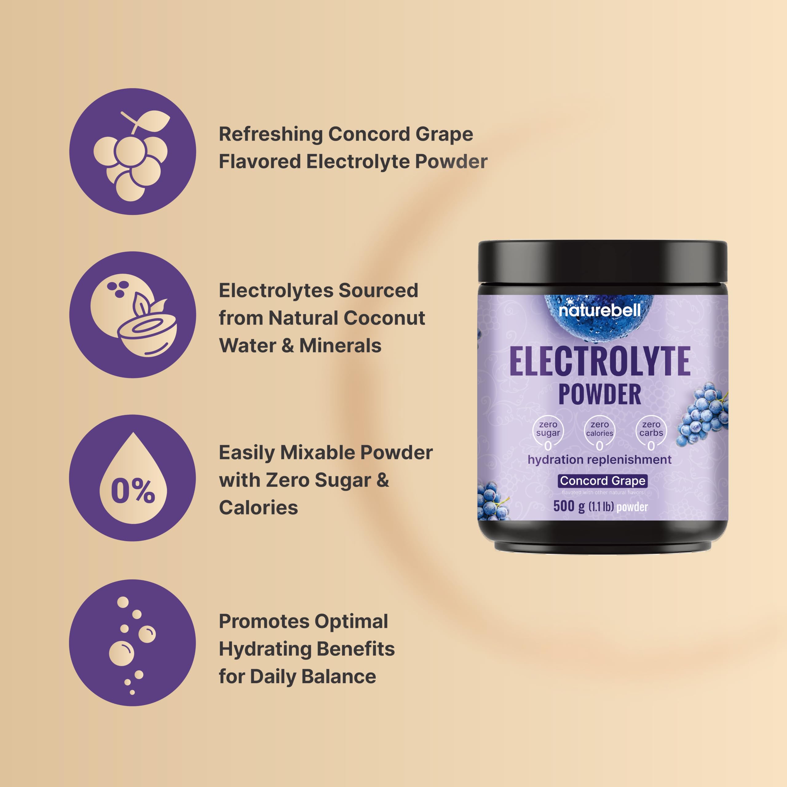 NatureBell Electrolytes powder being poured into a glass with ice