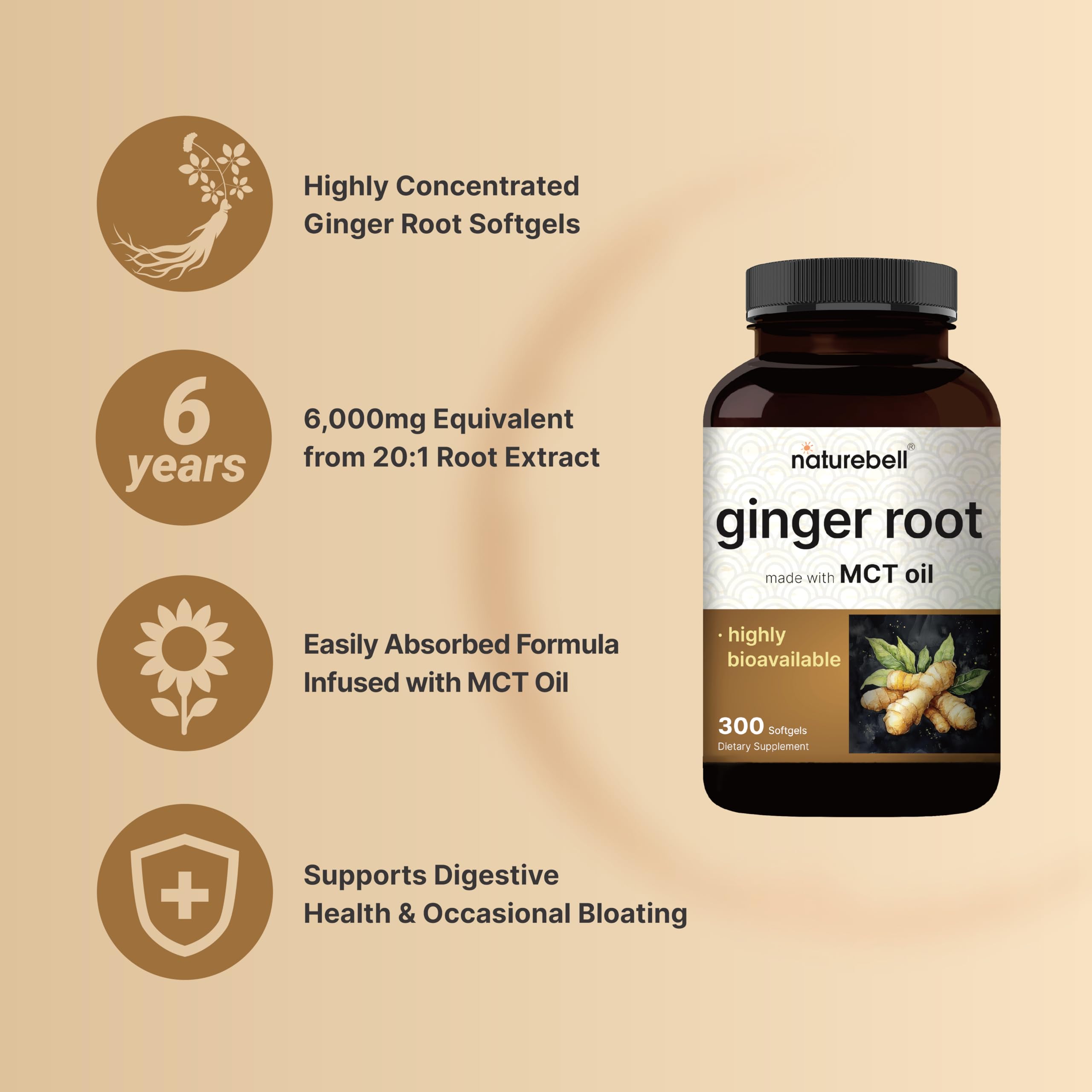 Ginger root capsules by NatureBell supporting occasional bloating relief