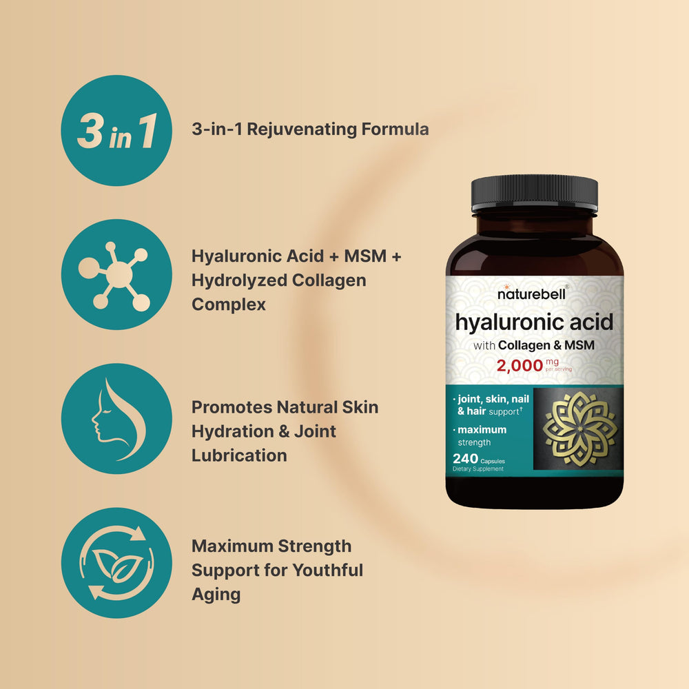 NatureBell Hyaluronic Acid 2-Pack serving chart illustrates four capsules per day.