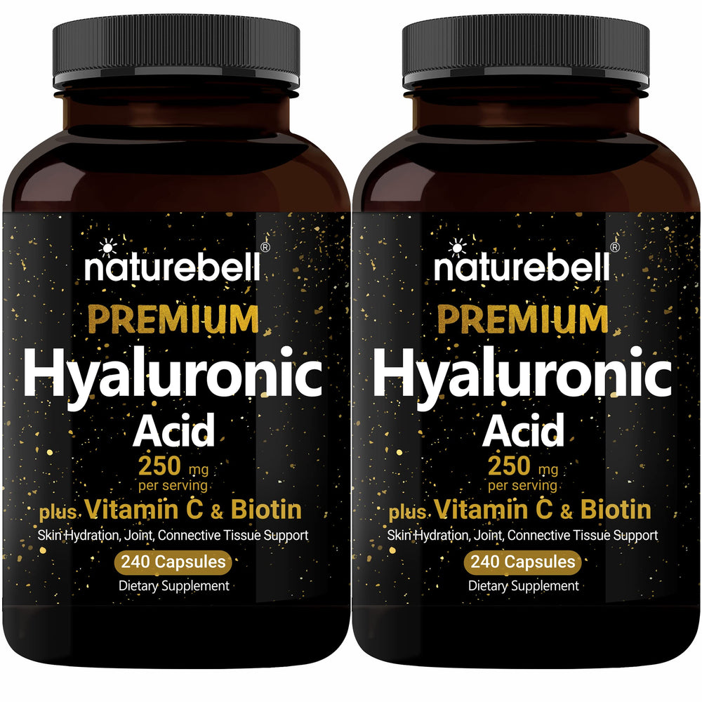 NatureBell hyaluronic acid supplement bottle showing daily skin and joint support.
