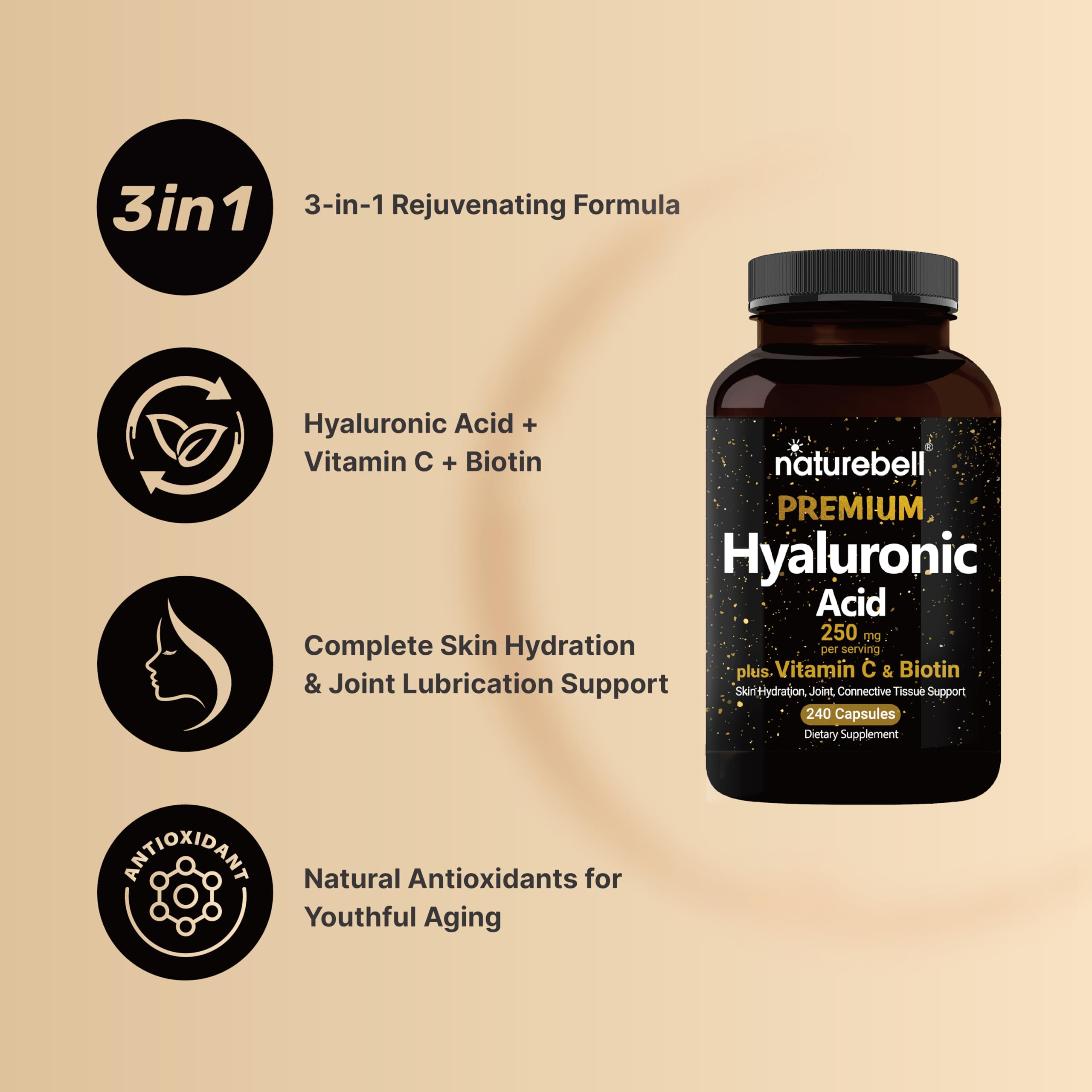 NatureBell Hyaluronic Acid supplement label front, emphasizing 3-in-1 hydration support.
