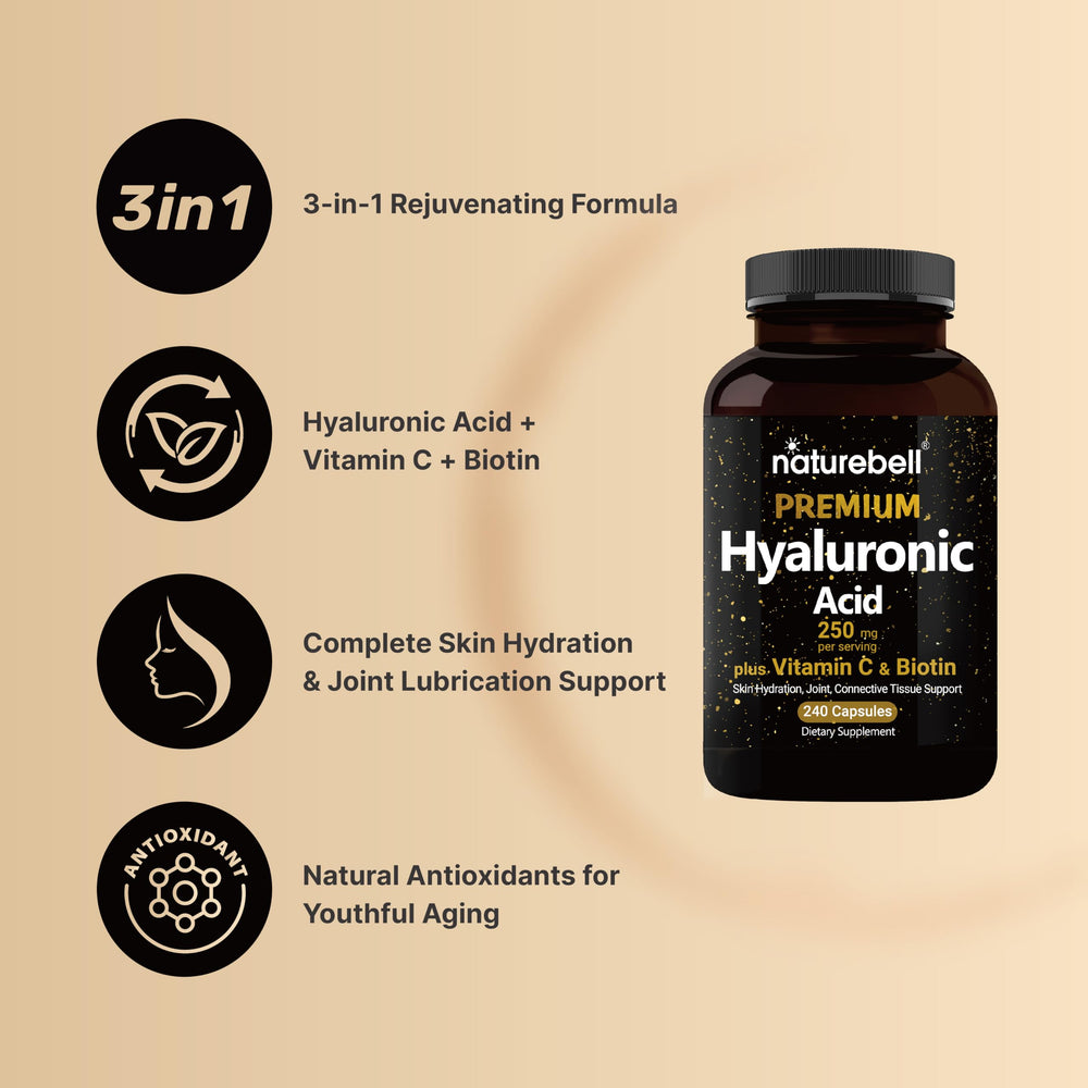 NatureBell Hyaluronic Acid supplement label front, emphasizing 3-in-1 hydration support.