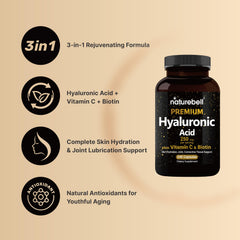 NatureBell Hyaluronic Acid supplement label front, emphasizing 3-in-1 hydration support.
