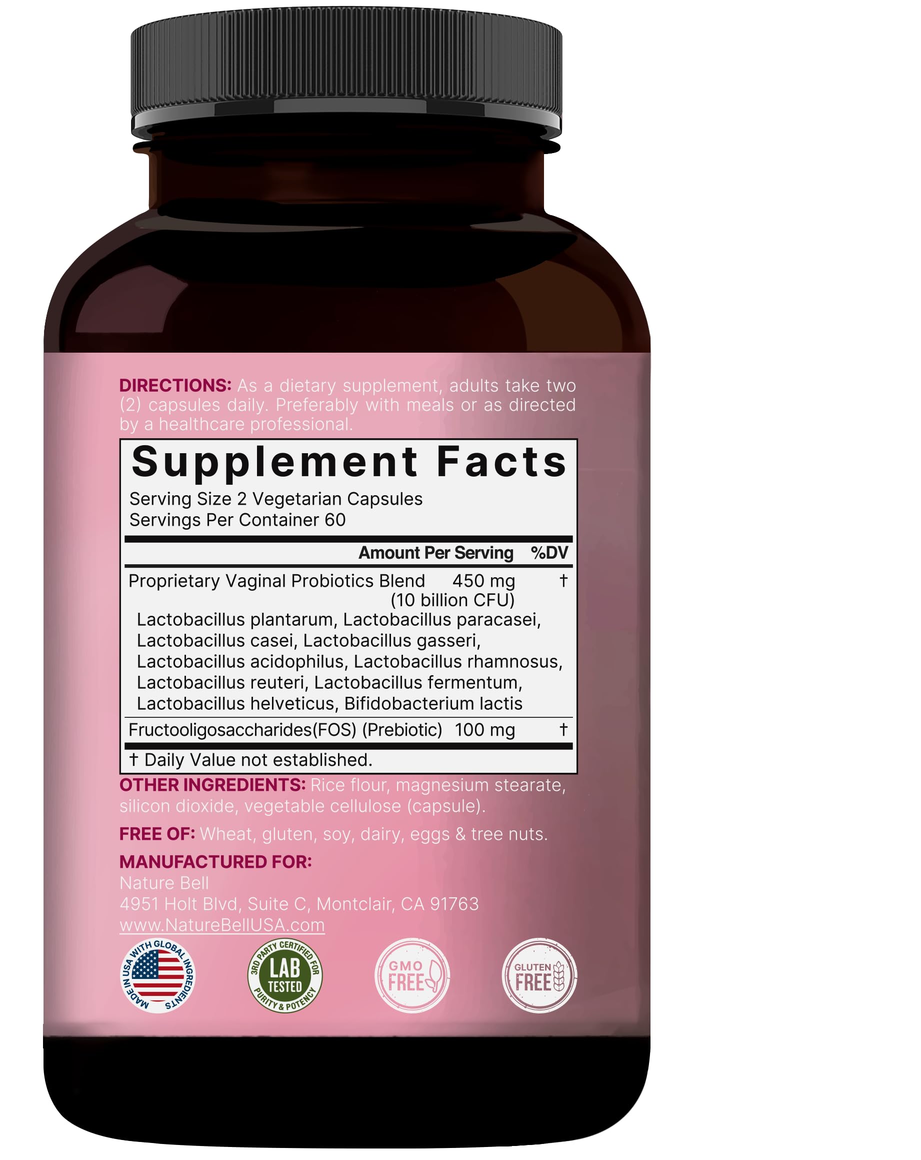NatureBell ingredients graphic featuring Lactobacillus and Bifidobacterium strains.
