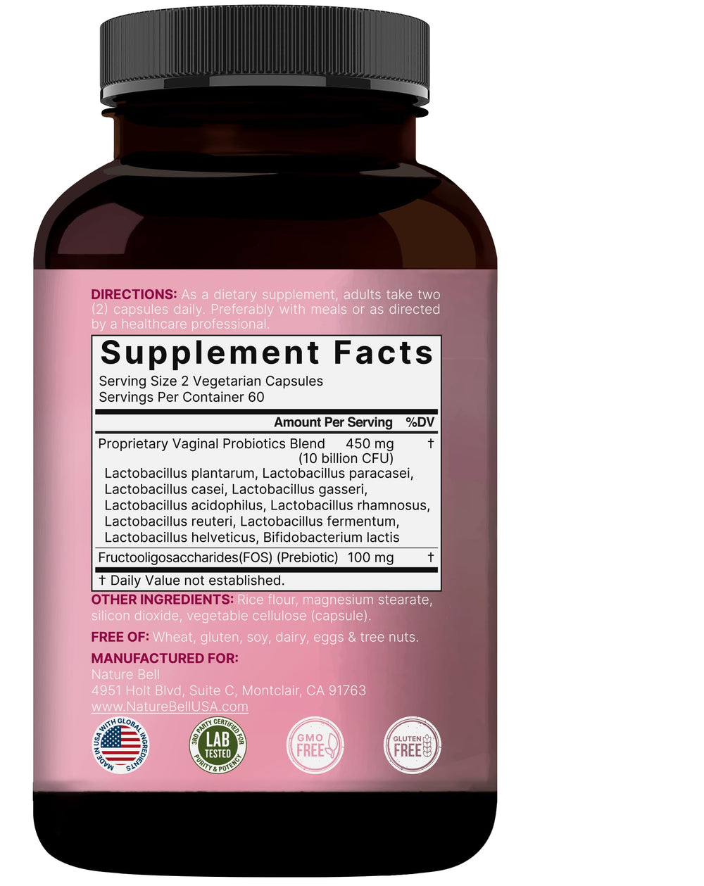 NatureBell ingredients graphic featuring Lactobacillus and Bifidobacterium strains.