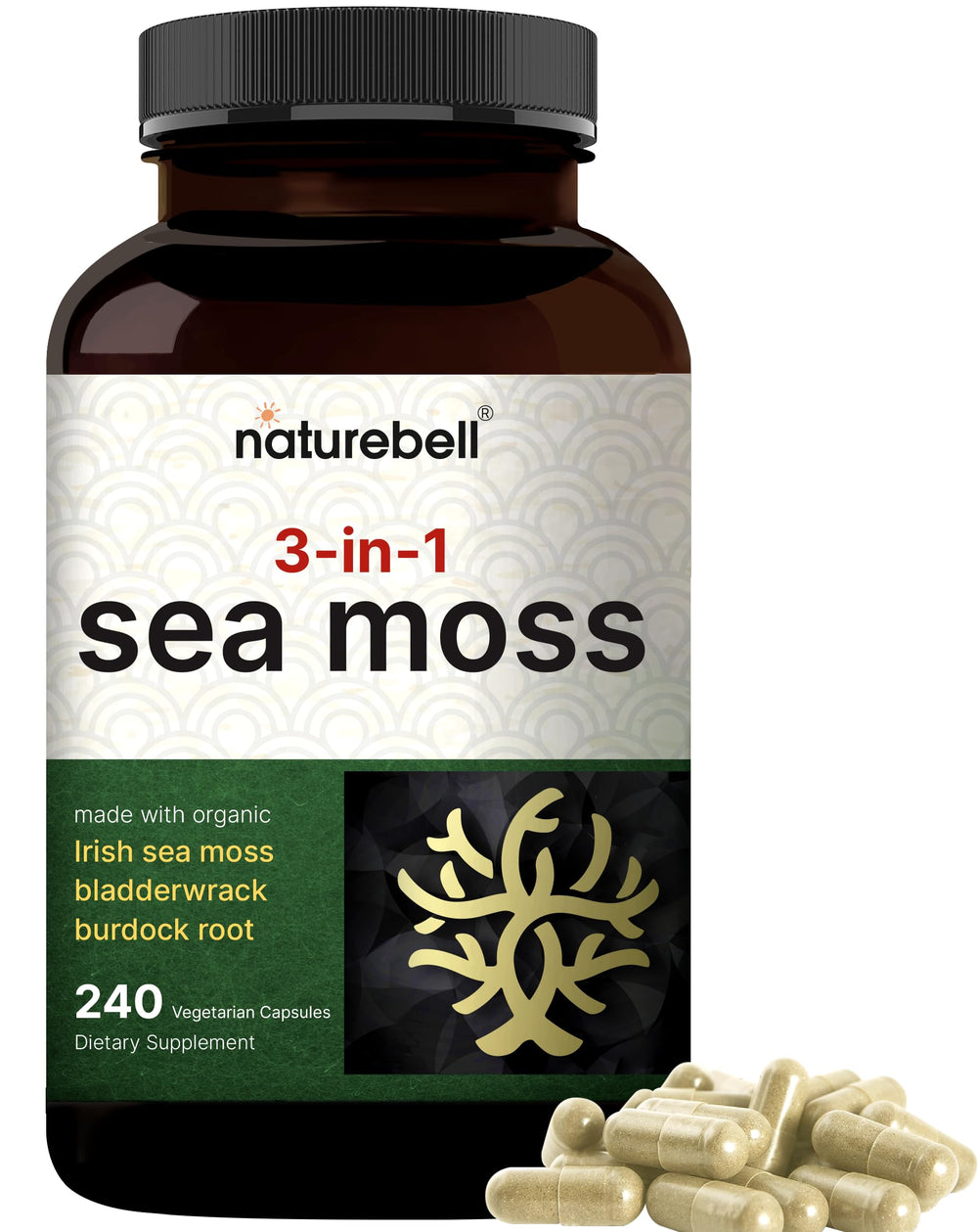 NatureBell Irish Sea Moss Capsules bottle with 240 veggie pills for daily wellness.