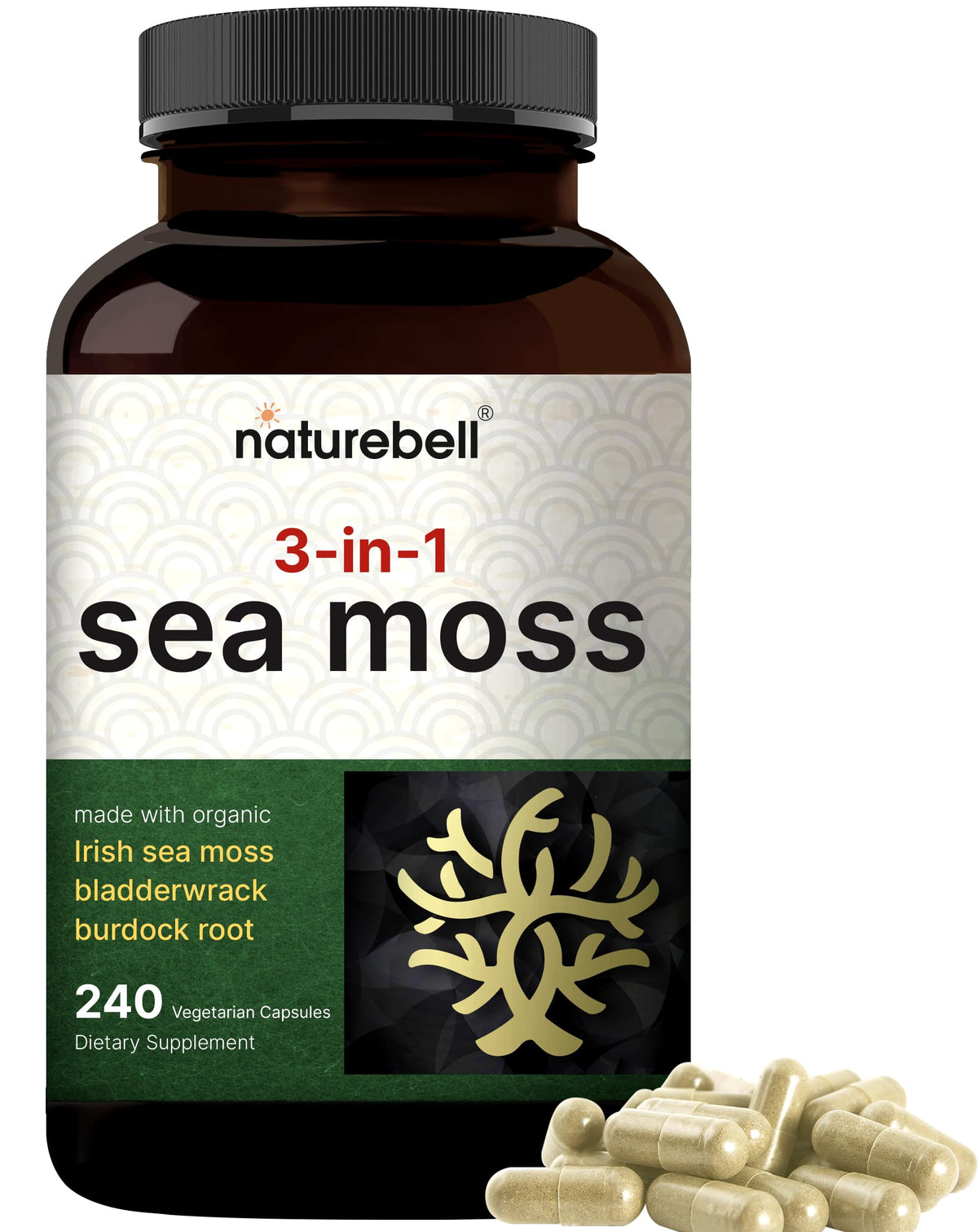 NatureBell Irish Sea Moss Capsules bottle with 240 veggie pills for daily wellness.
