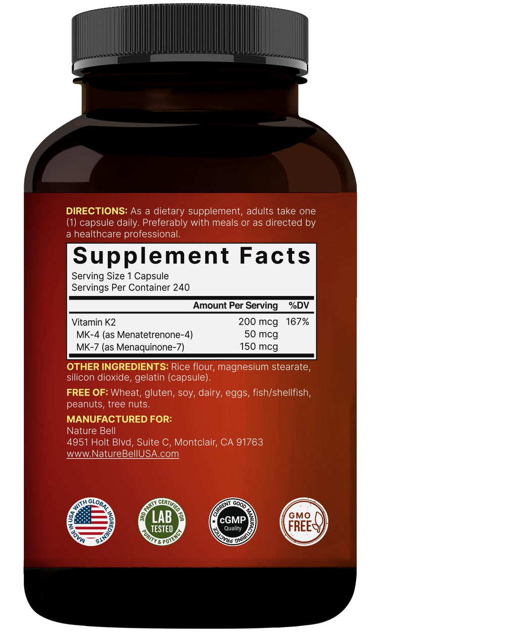 NatureBell label highlights 200 mcg per serving and 240 capsules.