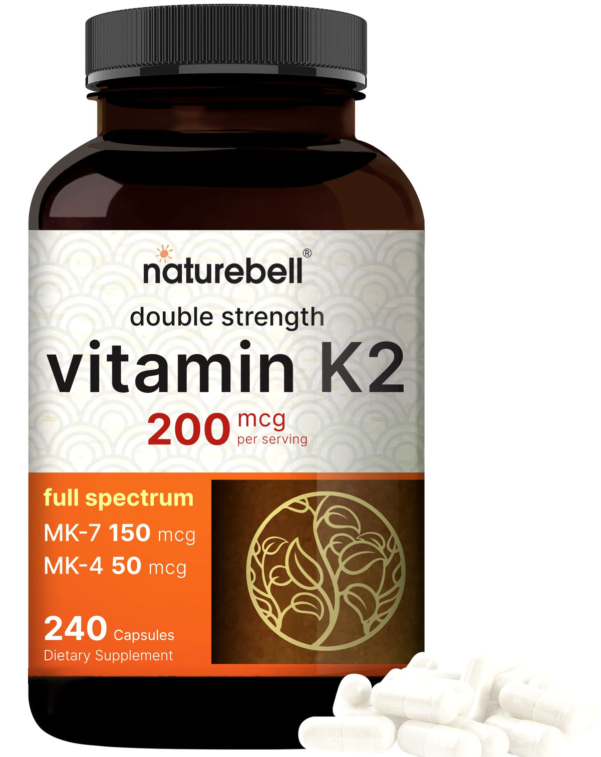 NatureBell full spectrum K2 bottle shows MK4 MK7 for bone support.