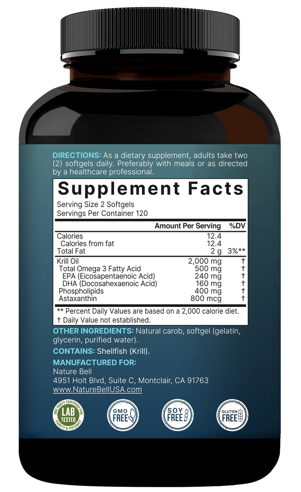 NatureBell Krill Oil mercury-free and non-GMO certification icons