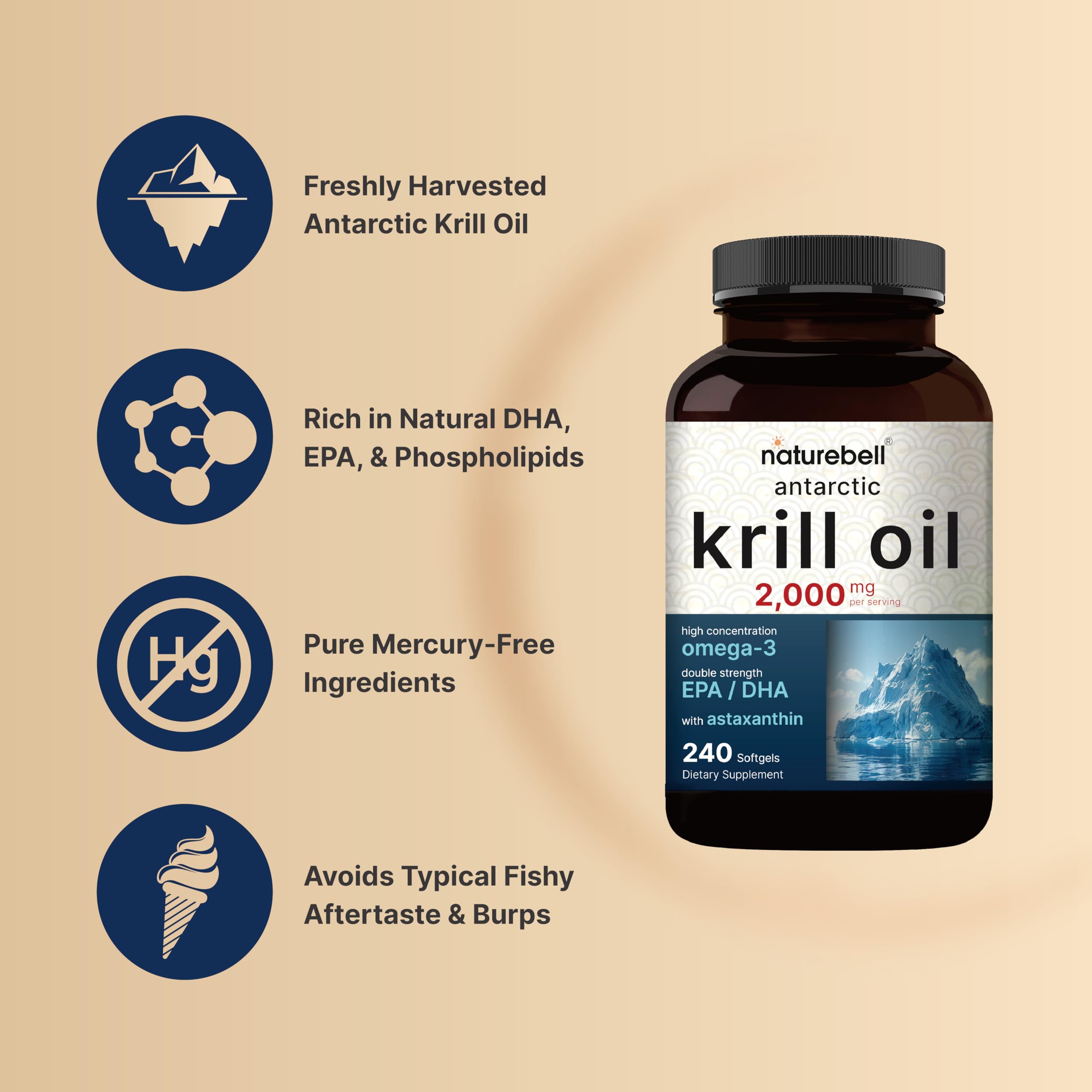 NatureBell Krill Oil serving size graphic illustrating two softgels per daily serving