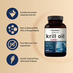 NatureBell Krill Oil serving size graphic illustrating two softgels per daily serving