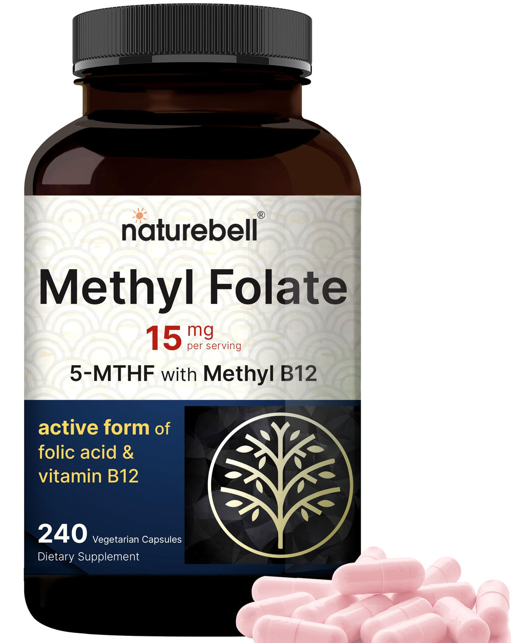 NatureBell L-Methylfolate 15mg bottle with capsules for energy support
