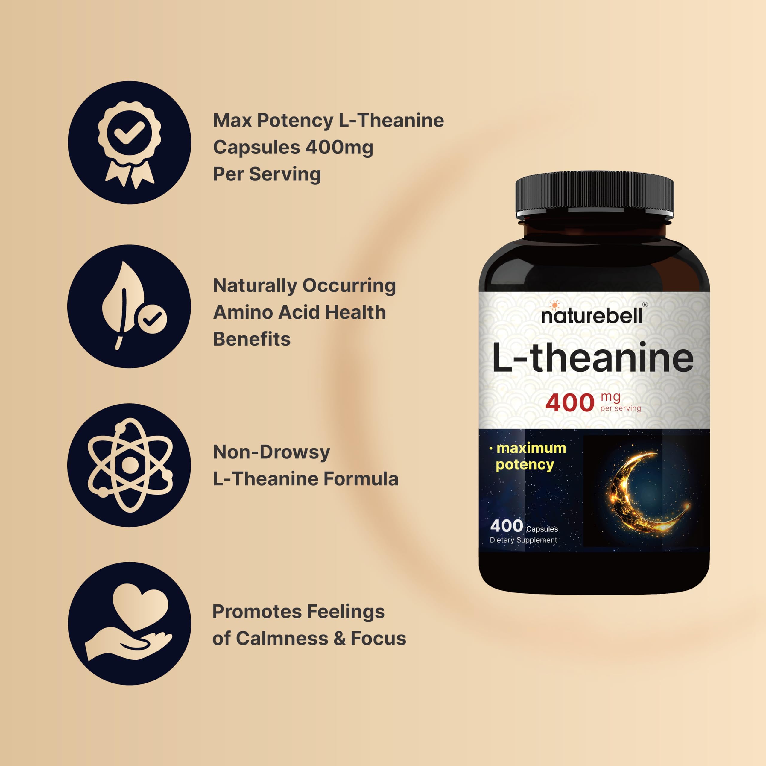 NatureBell L-Theanine capsules pour suggesting easy daily use for calm focus