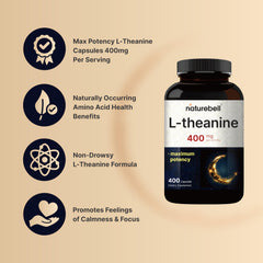 NatureBell L-Theanine capsules pour suggesting easy daily use for calm focus