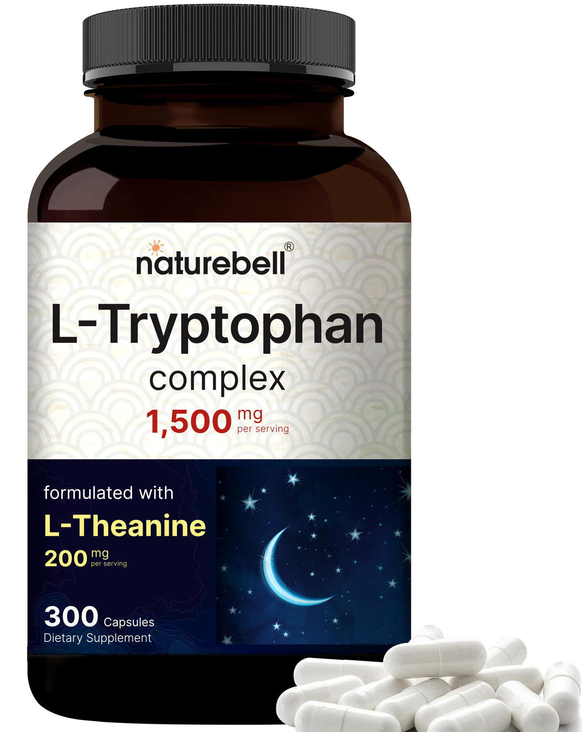 NatureBell L-Tryptophan bottle-front shows a high-strength calm formula for daily balance.