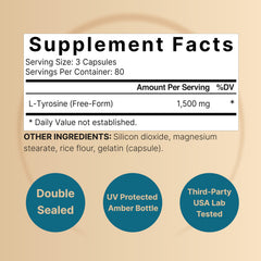 NatureBell L Tyrosine capsules close-up highlighting high potency 1,500 mg per serving.