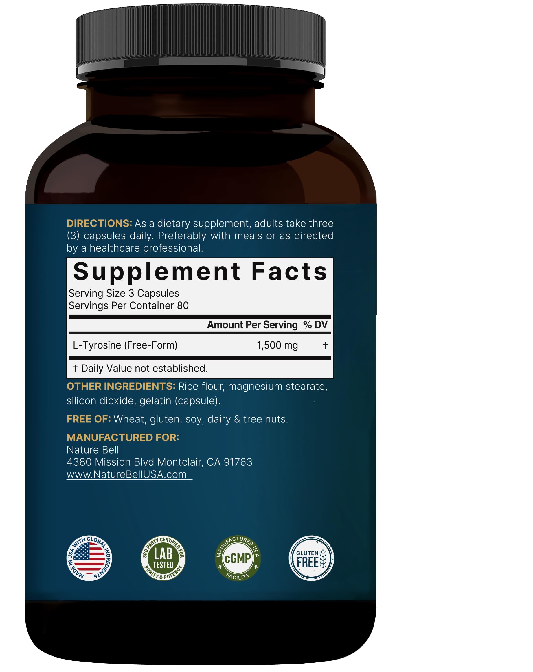 NatureBell L Tyrosine bottle on desk with notebook evokes focus and study.