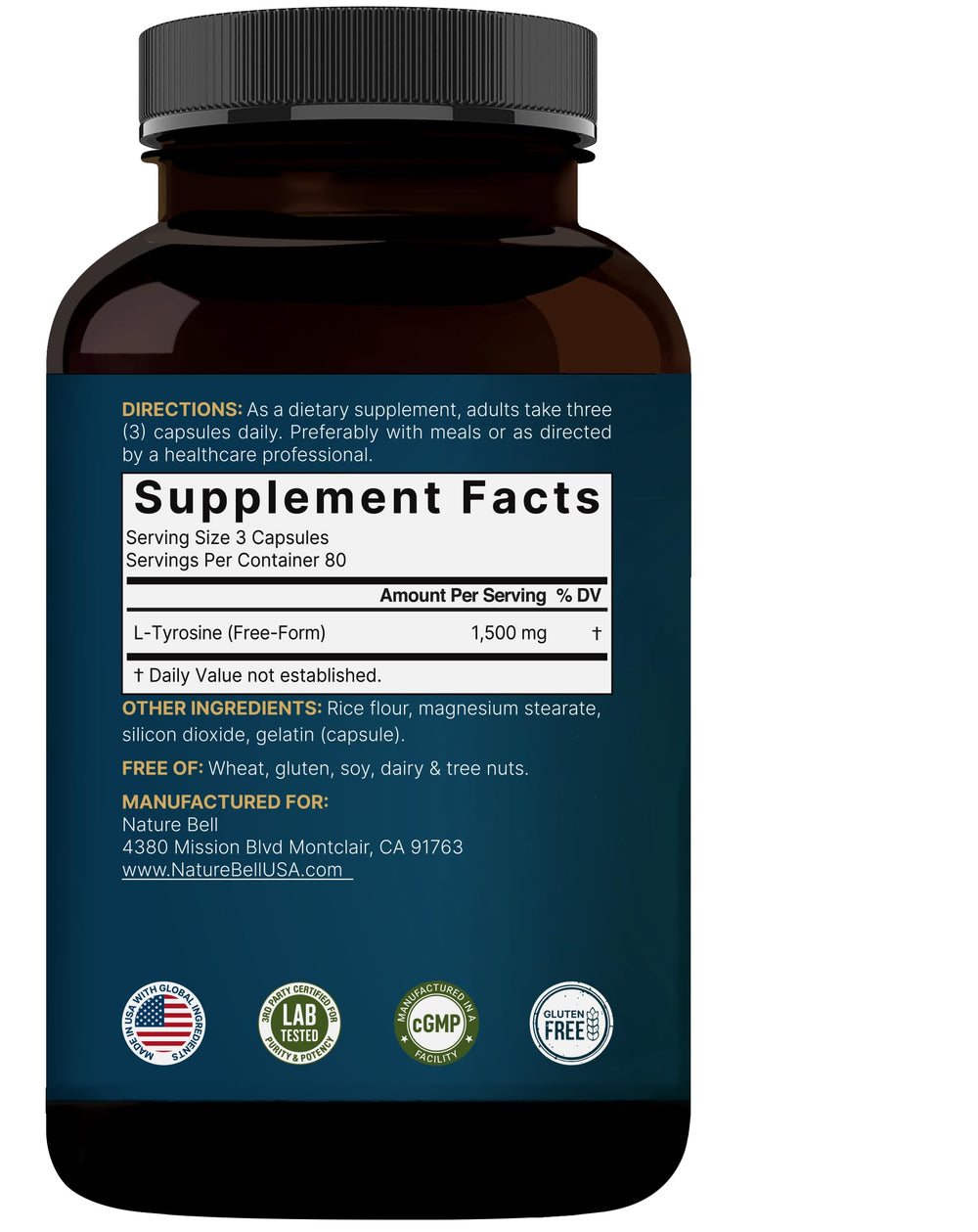 NatureBell L Tyrosine bottle on desk with notebook evokes focus and study.