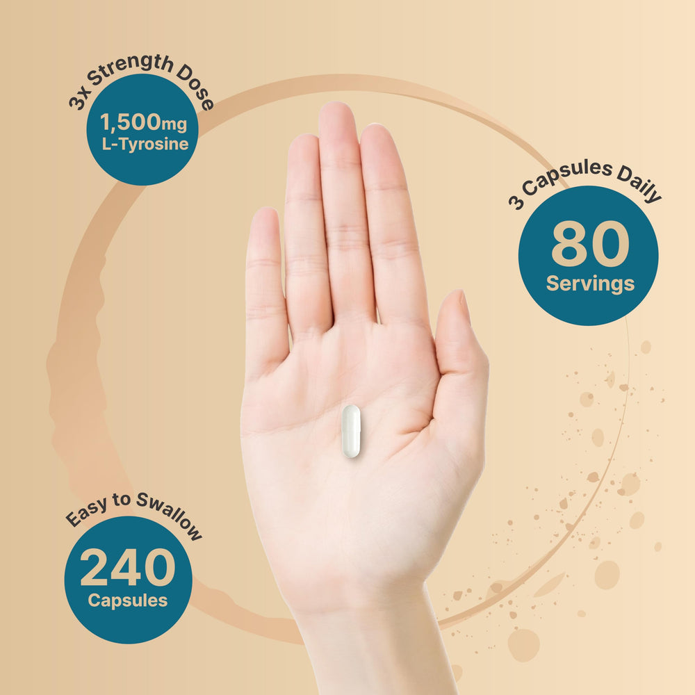 NatureBell L Tyrosine capsules on a measuring spoon suggests daily dose.