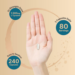 NatureBell L Tyrosine capsules on a measuring spoon suggests daily dose.