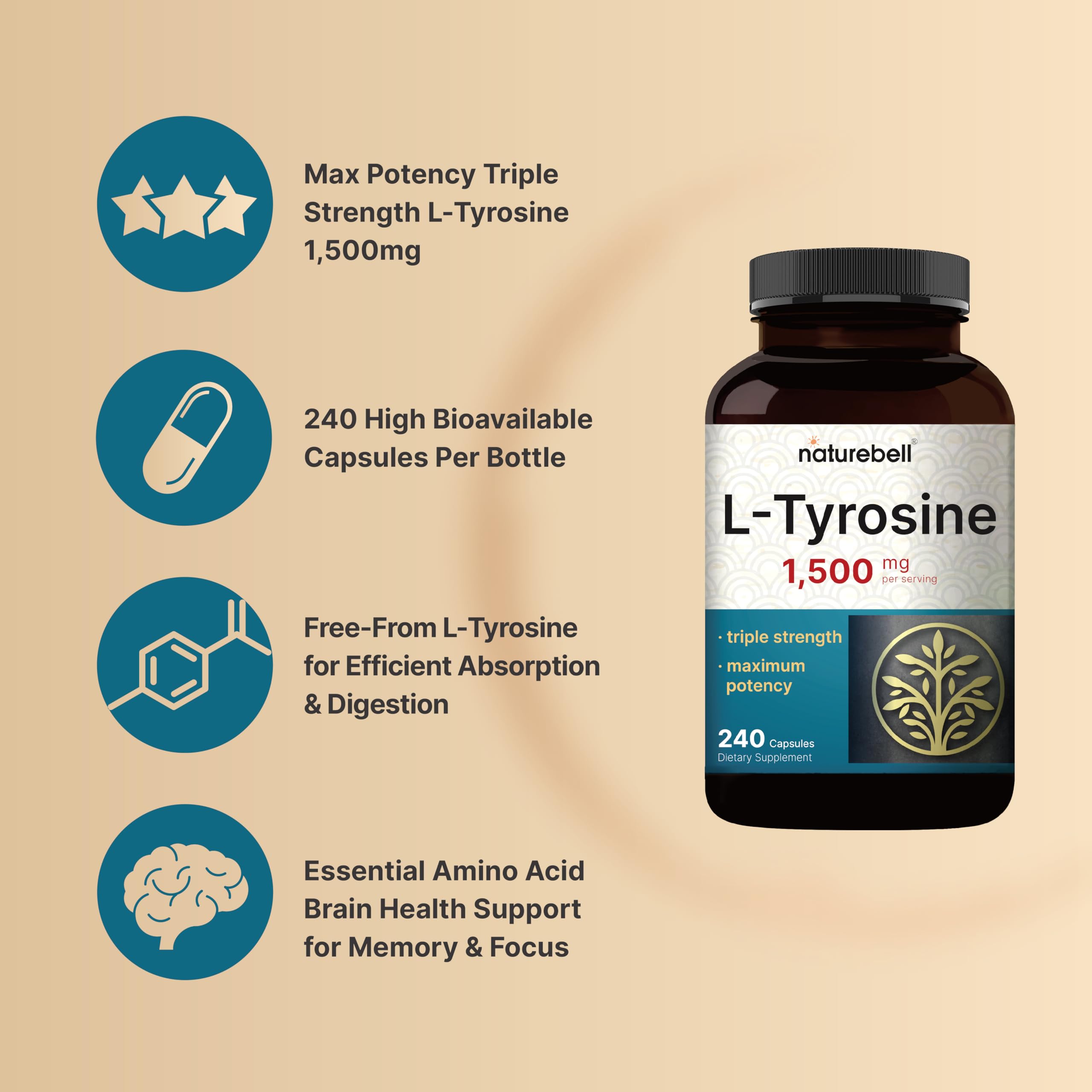 NatureBell L Tyrosine bottle with label close view emphasizes non-GMO formula.