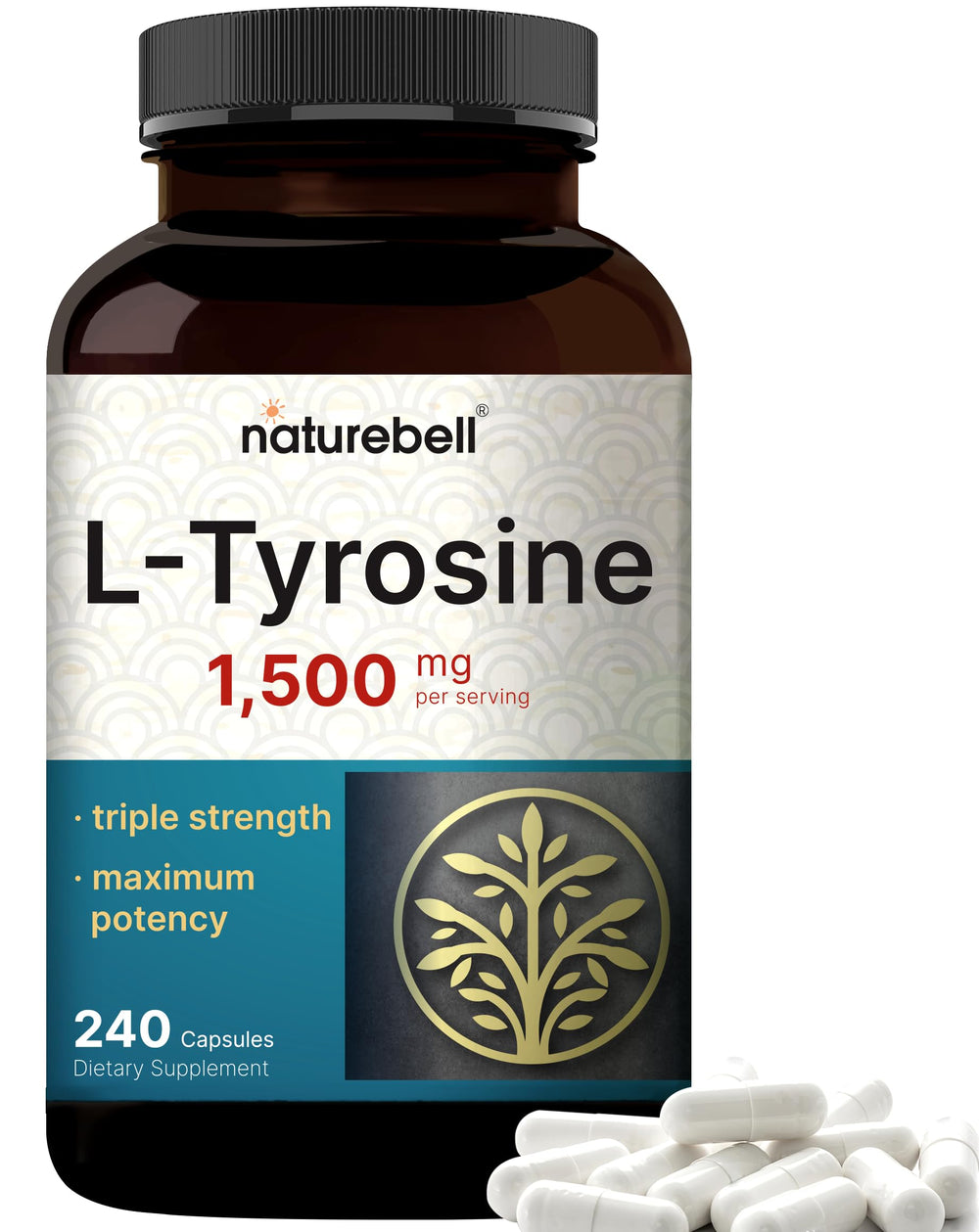 NatureBell L Tyrosine supplement bottle showing label and capsules for daily brain support.