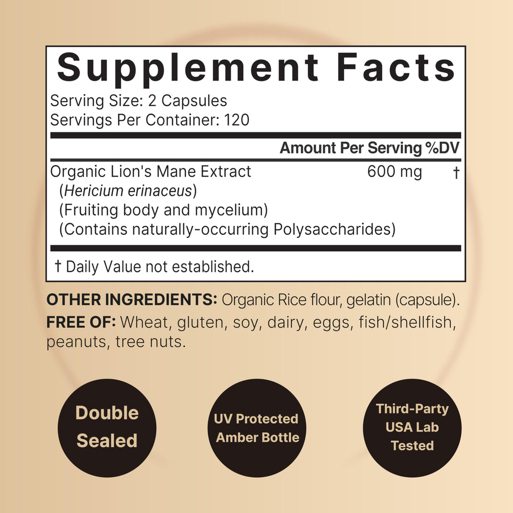 NatureBell Lions Mane extract powder highlighting polysaccharides for immune-friendly use.